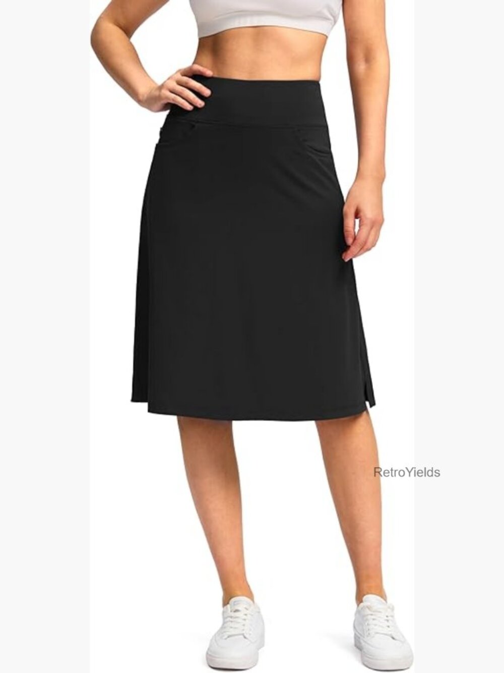 Stretchy High Waist Skort with Pockets Built-in Shorts Midi Length